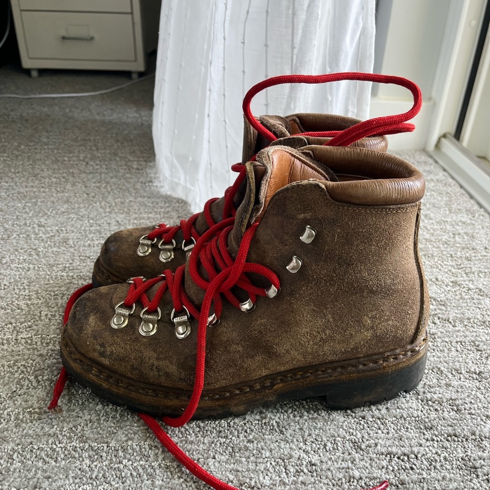 Vintage Leather Hiking Boots with Red Laces